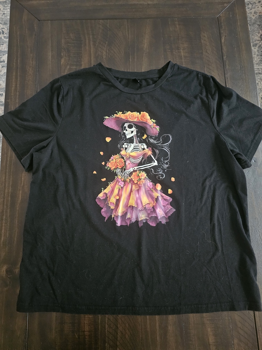 SHEIN Black Tee with Pink & Orange Skeleton Lady Graphic